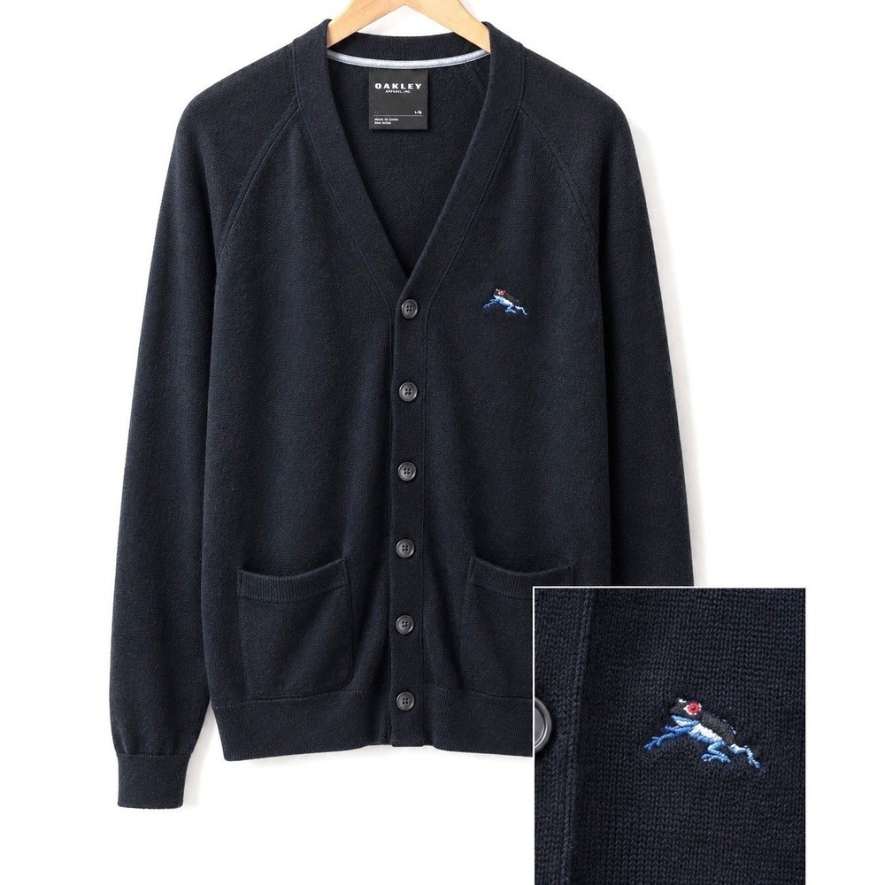 Vtg Oakley Y2K Frog Logo Sweater Mens XL Silk Cashmere Button Up Cardigan Navy